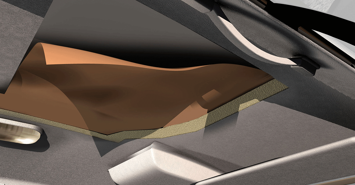 Image of the roof of a car, indoors, with noise vibrartion harsness tapes