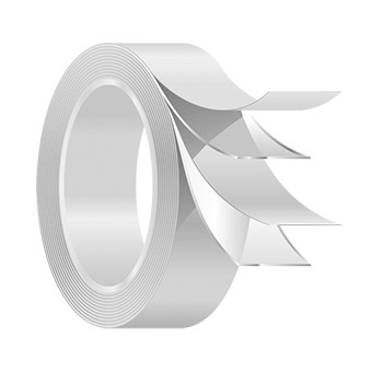 Illustration of a double-coated tape. FT EZ 8 PSA tape features a paper/glasine liner, rubber adhesives, and PET liner.